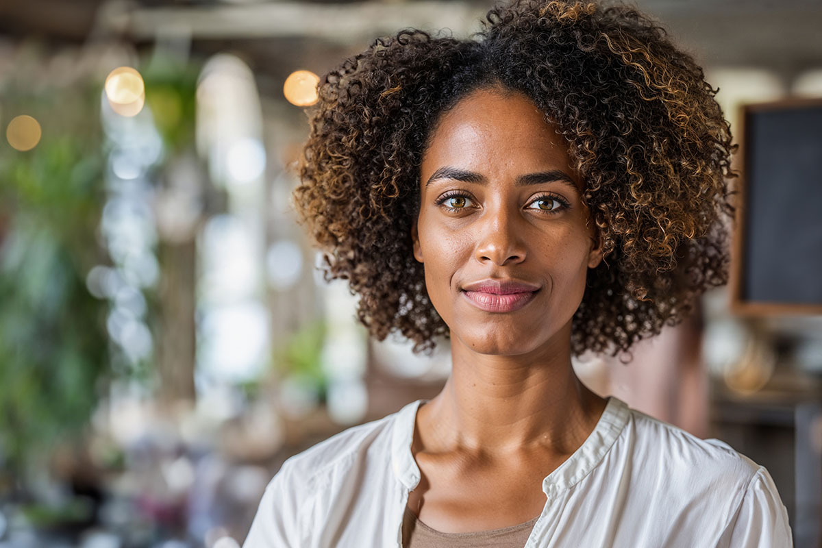 Smiling a middle aged African American woman standing in a classroom